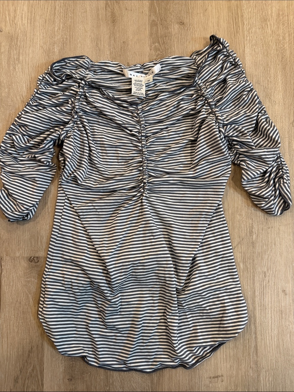 Madewell Navy and White Striped Ruched Puff-Sleeve Tunic